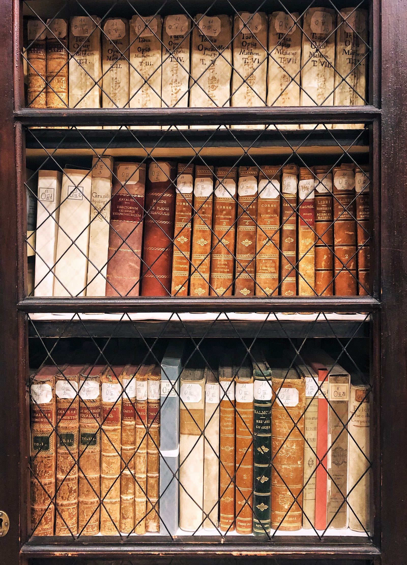 Cubiertas de libros antiguos encuadernados en piel, con lomos dorados, apilados sobre una mesa de madera